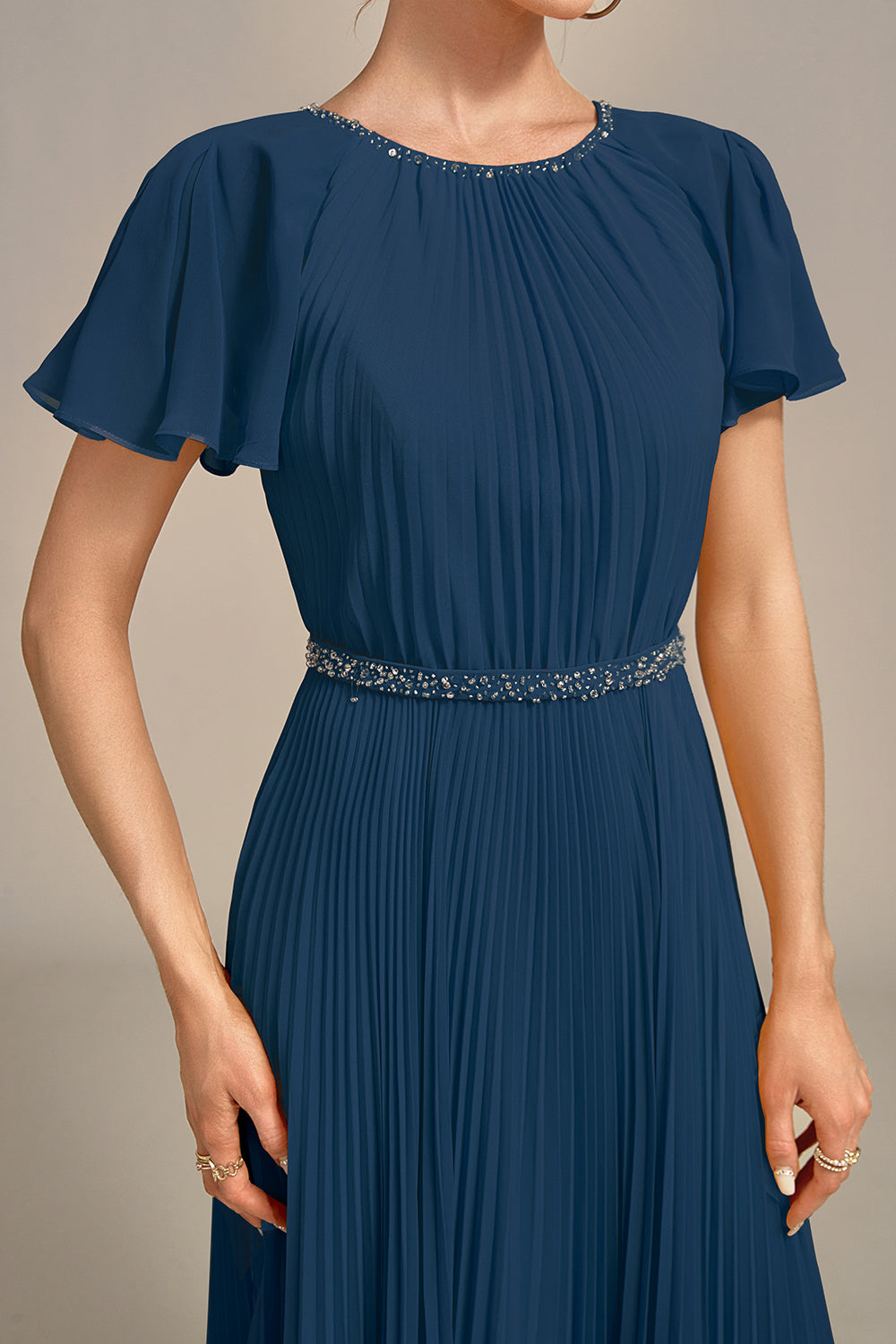 Navy A-Line Beaded Round Neck Pleated Choir Dress with Short Sleeves