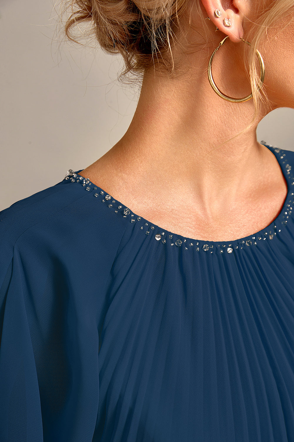 Navy A-Line Beaded Round Neck Pleated Choir Dress with Short Sleeves