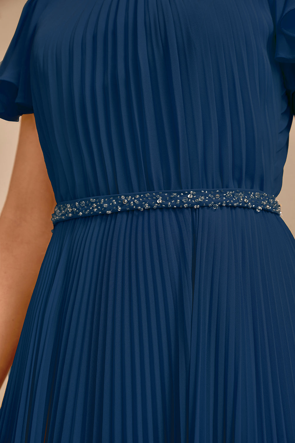 Navy A-Line Beaded Round Neck Pleated Choir Dress with Short Sleeves