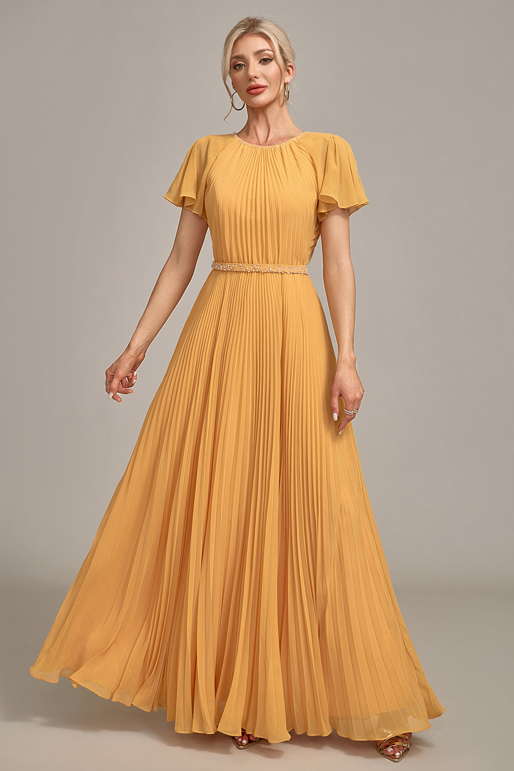 Navy A-Line Beaded Round Neck Pleated Choir Dress with Short Sleeves