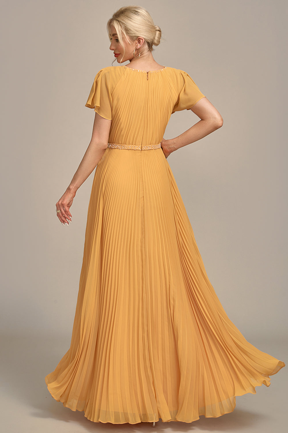 Navy A-Line Beaded Round Neck Pleated Choir Dress with Short Sleeves