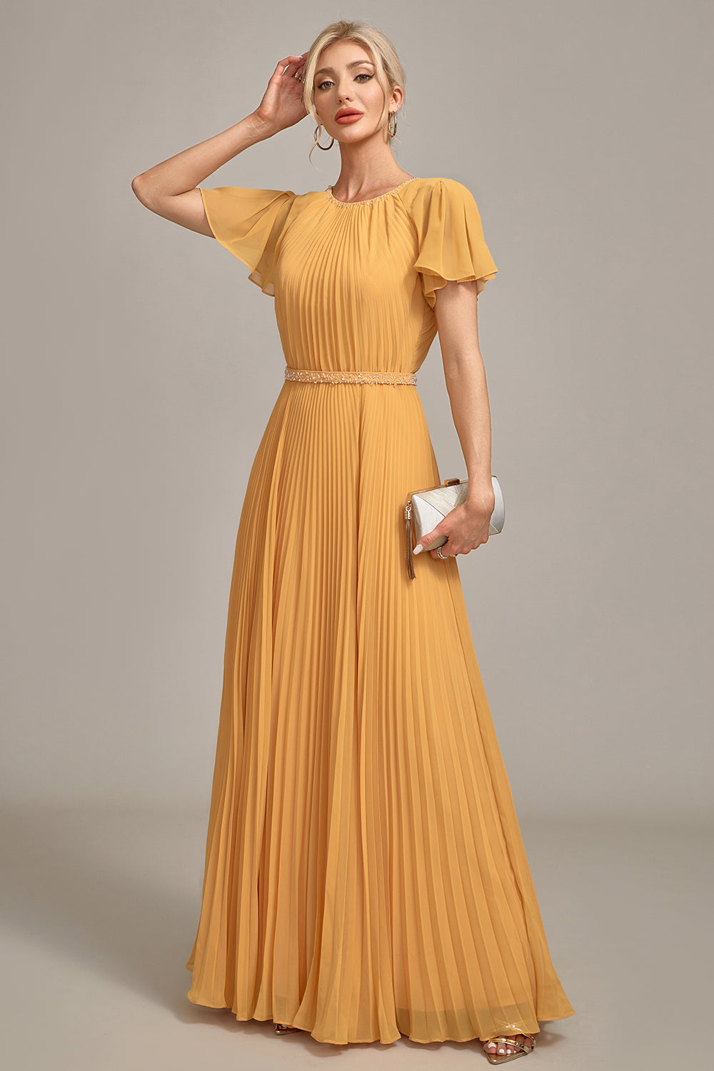 Navy A-Line Beaded Round Neck Pleated Choir Dress with Short Sleeves