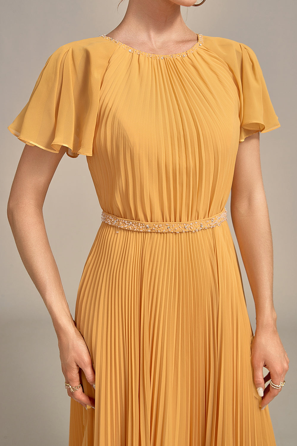 Navy A-Line Beaded Round Neck Pleated Choir Dress with Short Sleeves