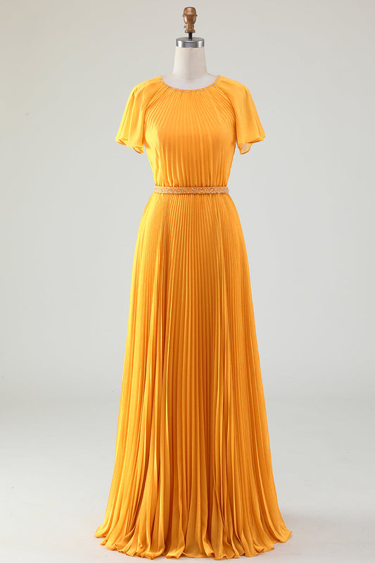 Robe de mariée plissée jaune col rond avec manches courtes