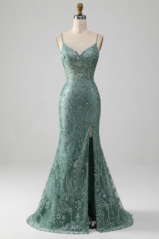 Spaghetti Strap Sparkly Gray-Green Prom Dress with Beading