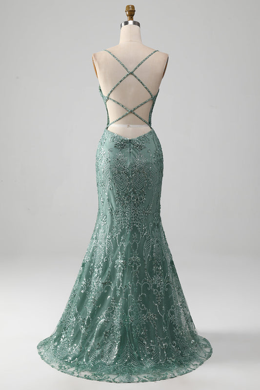 Spaghetti Strap Sparkly Gray-Green Prom Dress with Beading