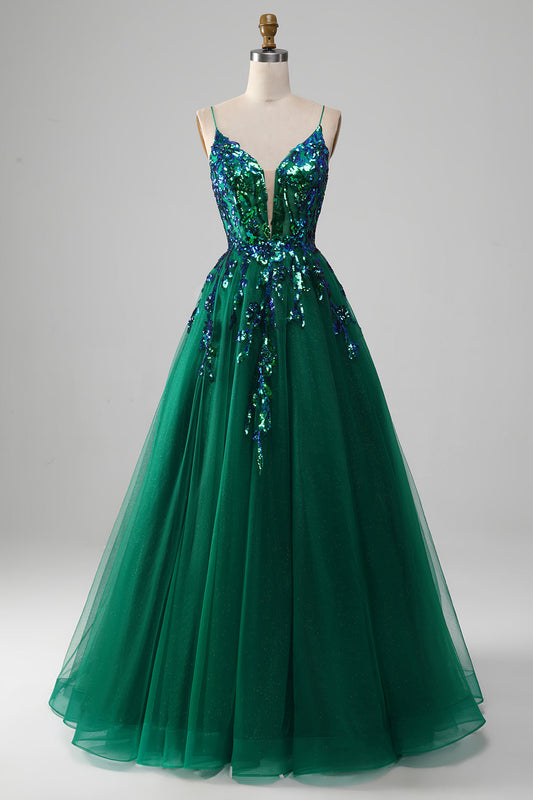 Tulle Spaghetti Strap Dark Green Sequin Prom Dress