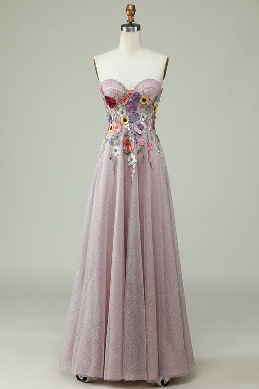 Robe de bal bustier coupe trapèze avec fleurs 3D