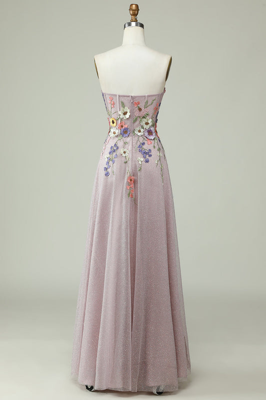 Robe de bal bustier coupe trapèze avec fleurs 3D