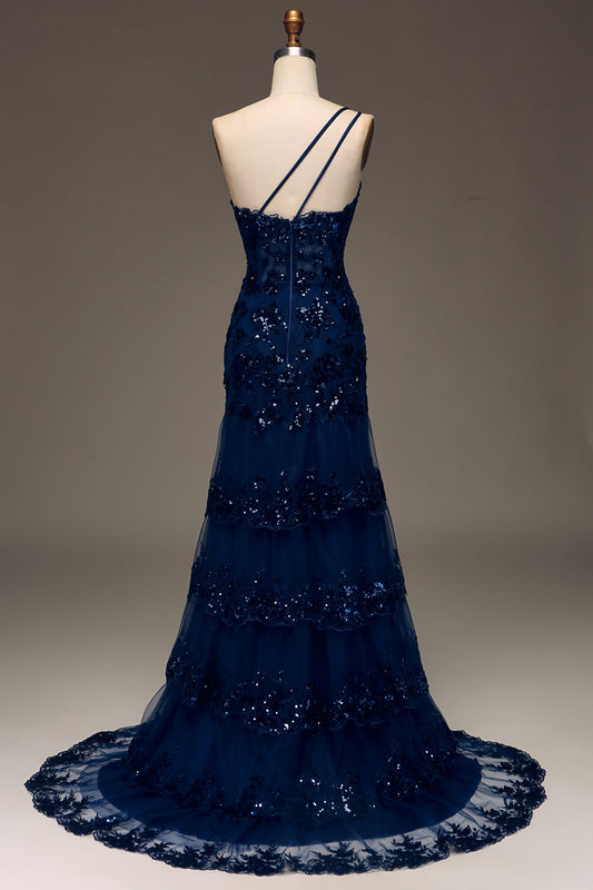 Sparkly Dark Navy Tiered Lace One-Shoulder Long Prom Dress with Slit