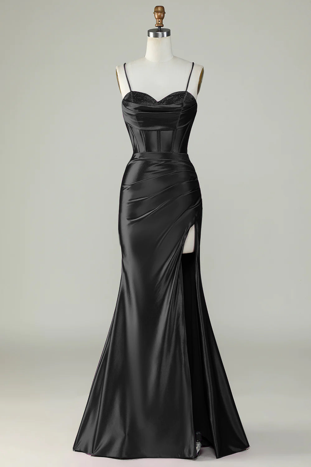 Robe longue de bal de promo sirène en sergé violet foncé à fines bretelles et à fente