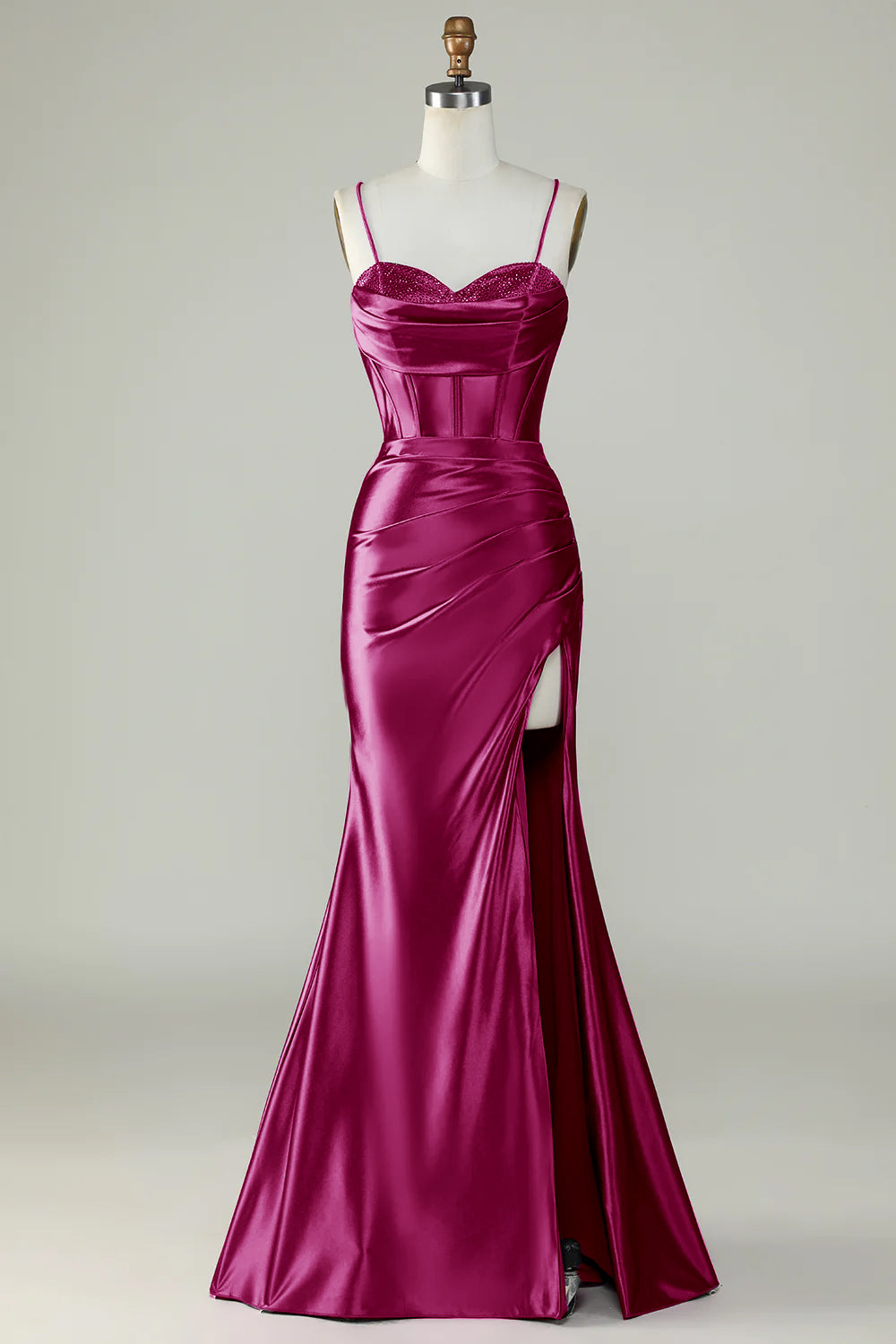 Robe longue de bal de promo sirène en sergé violet foncé à fines bretelles et à fente