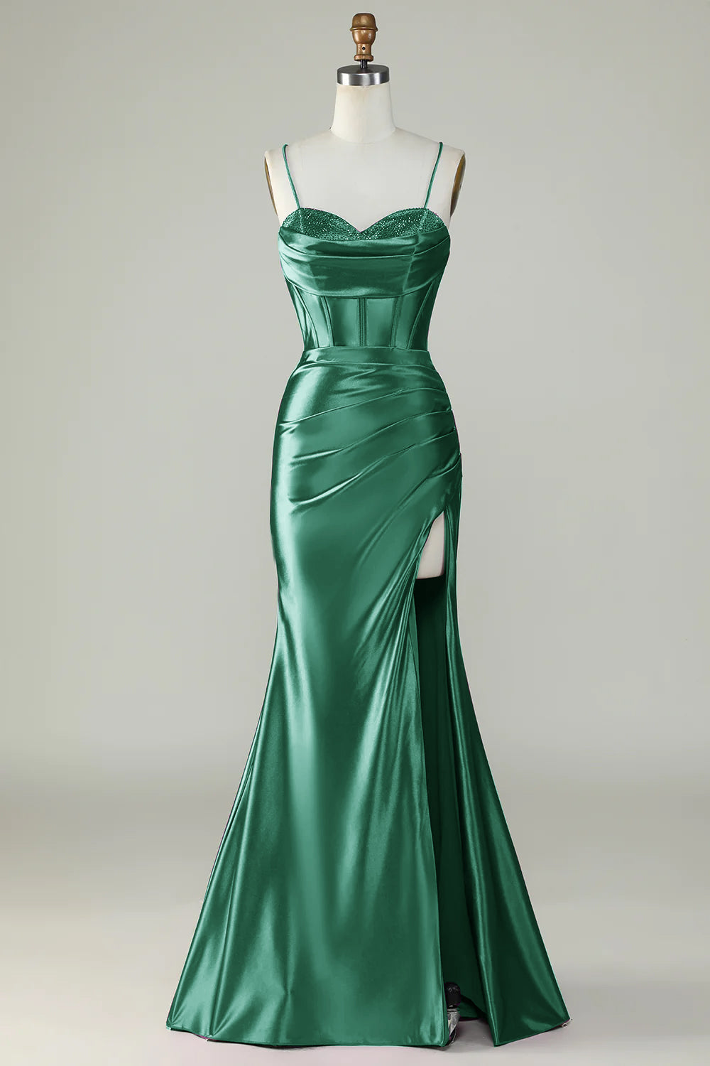 Robe longue de bal de promo sirène en sergé violet foncé à fines bretelles et à fente