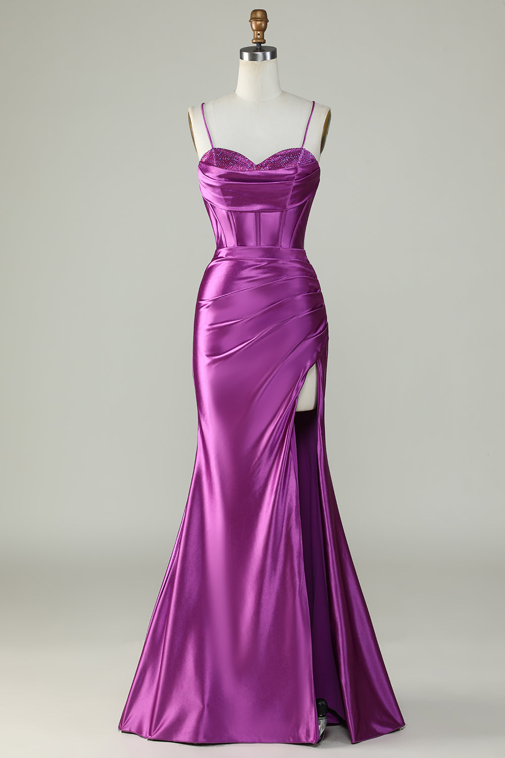 Robe longue de bal de promo sirène en sergé violet foncé à fines bretelles et à fente