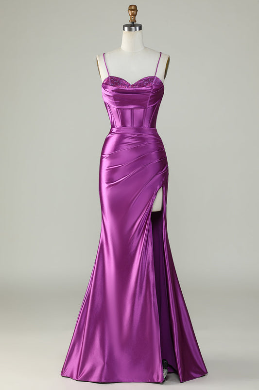 Robe longue de bal de promo sirène en sergé violet foncé à fines bretelles et à fente
