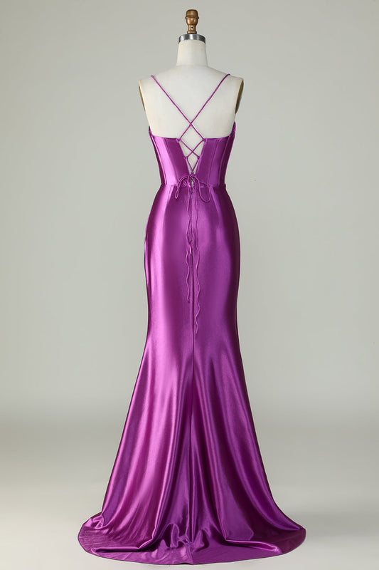 Robe longue de bal de promo sirène en sergé violet foncé à fines bretelles et à fente