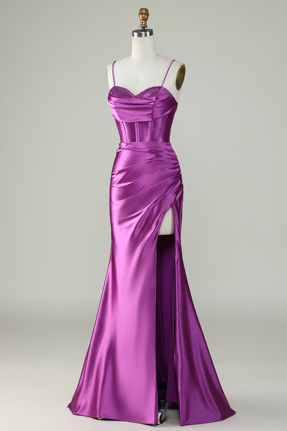 Robe longue de bal de promo sirène en sergé violet foncé à fines bretelles et à fente