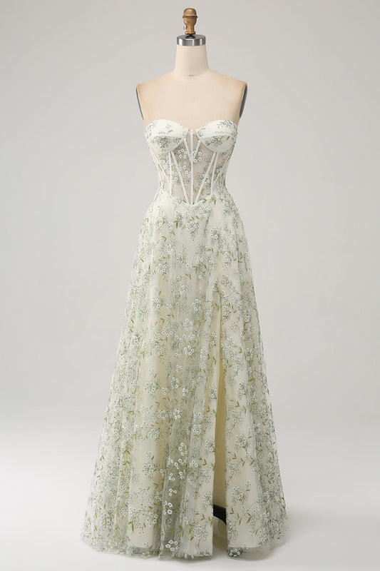 Robe de bal corset vert clair coupe évasée avec broderies