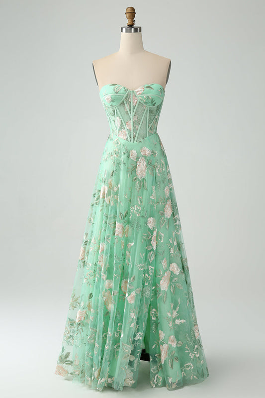 Robe de bal bustier fendue imprimée en forme de A verte avec décolleté en cœur