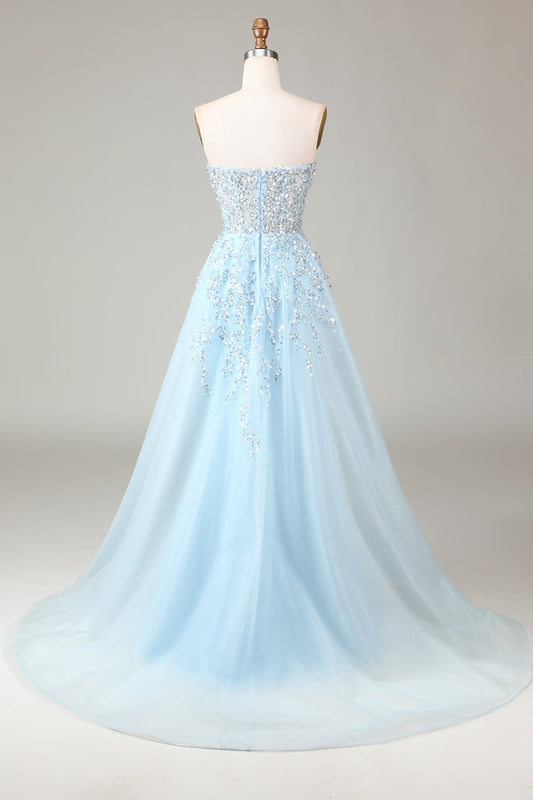 Corset Blue Strapless A-Line Prom Dress with Slit
