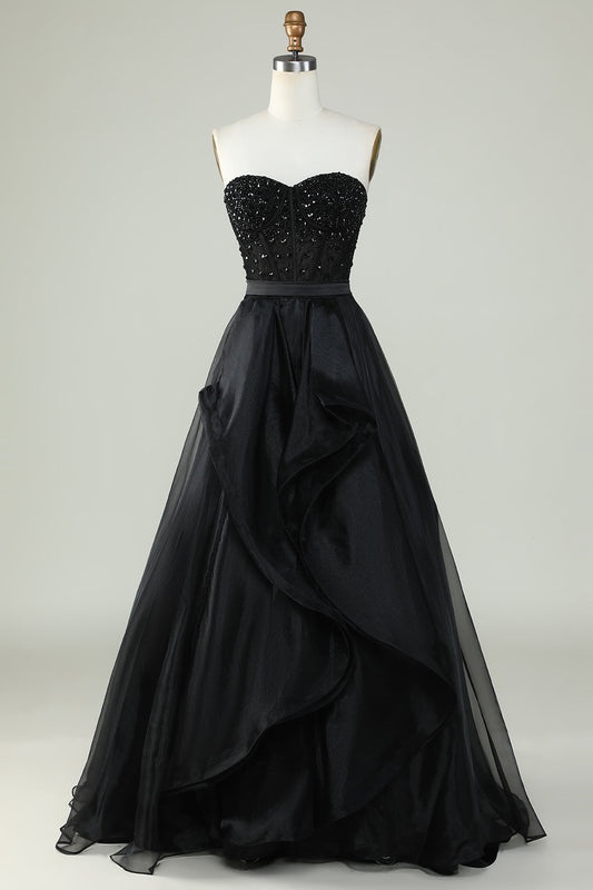 Princess A-Line Sweetheart Black Strapless Ball Gown Formal Evening Dress