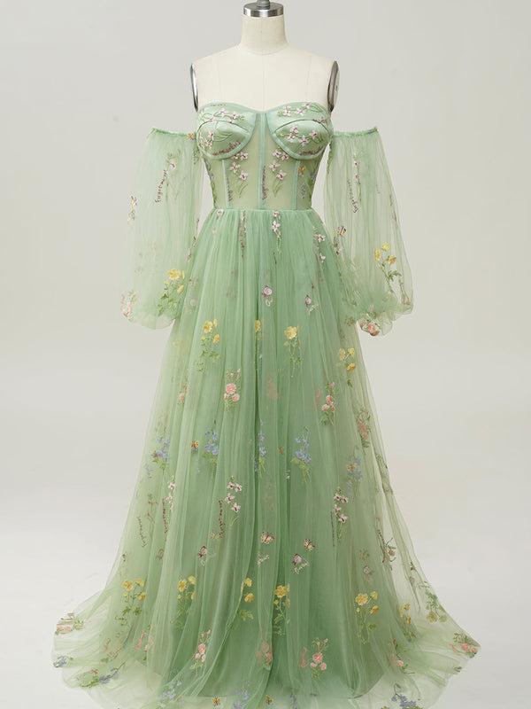 Robe de bal verte A-line à épaules dénudées et manches longues