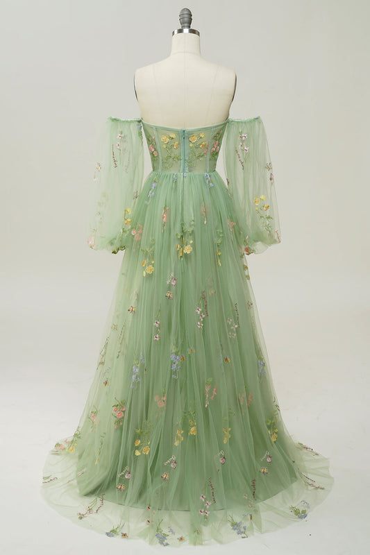 Robe de bal verte A-line à épaules dénudées et manches longues