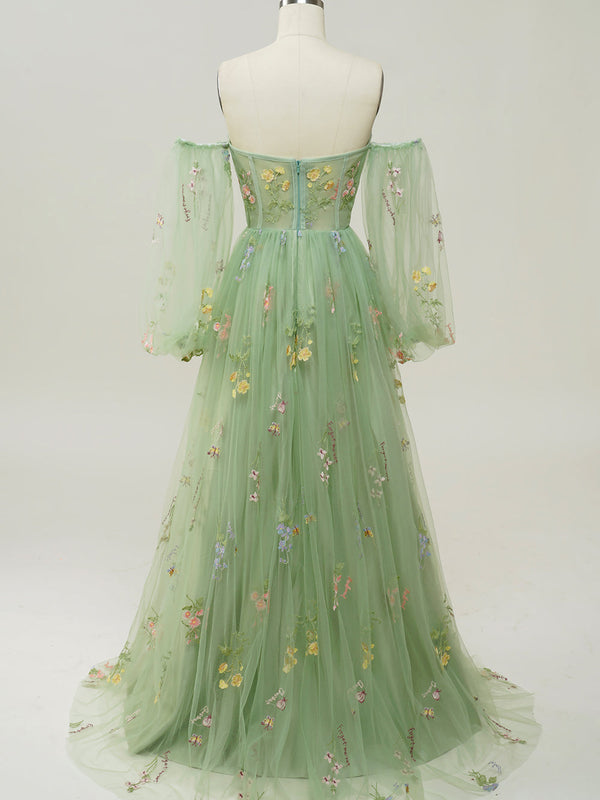Robe de bal verte A-line à épaules dénudées et manches longues