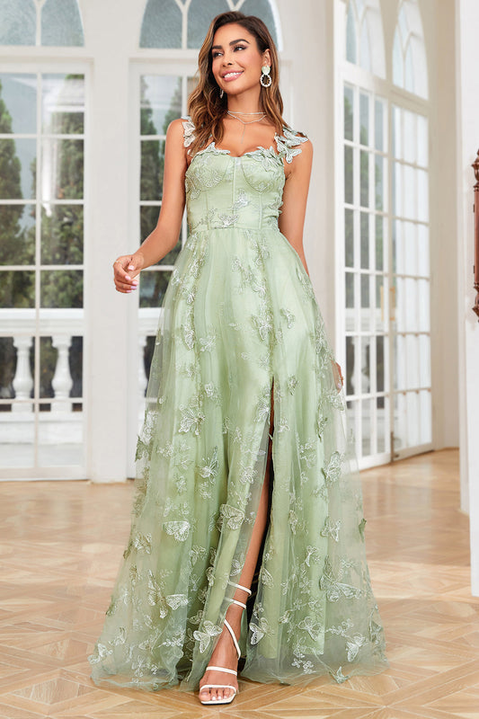Robe de bal longue en tulle à corset ligne A vert avec papillons 3D et fente sur le devant