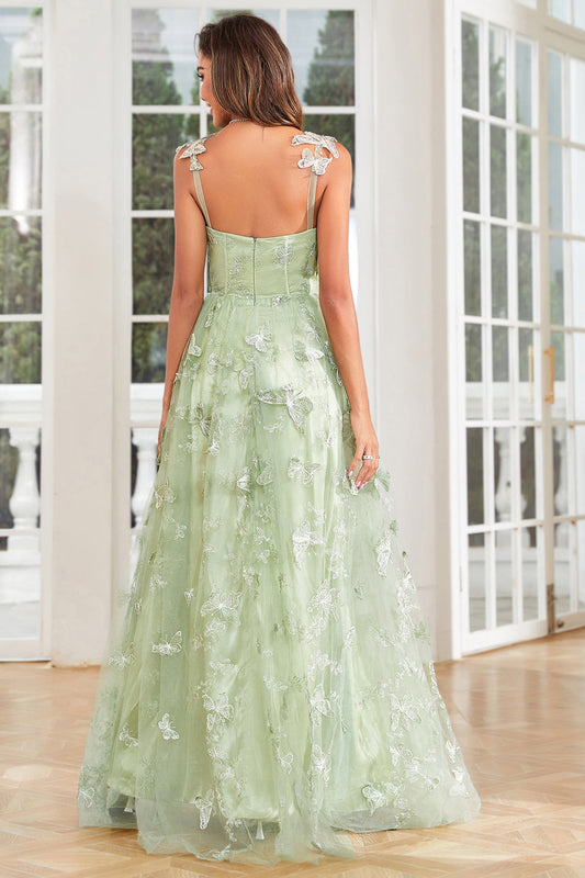 Robe de bal longue en tulle à corset ligne A vert avec papillons 3D et fente sur le devant
