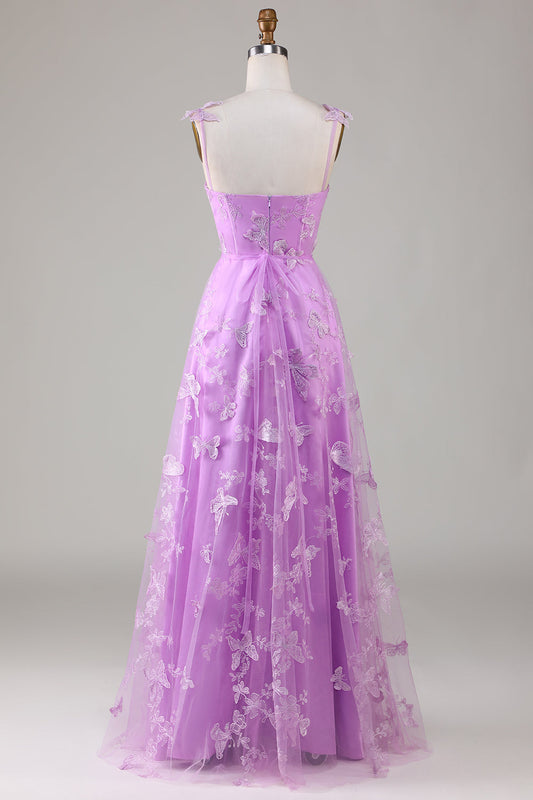 Purple A-Line Square Neck Corset Long Prom Dress with 3D Butterflies