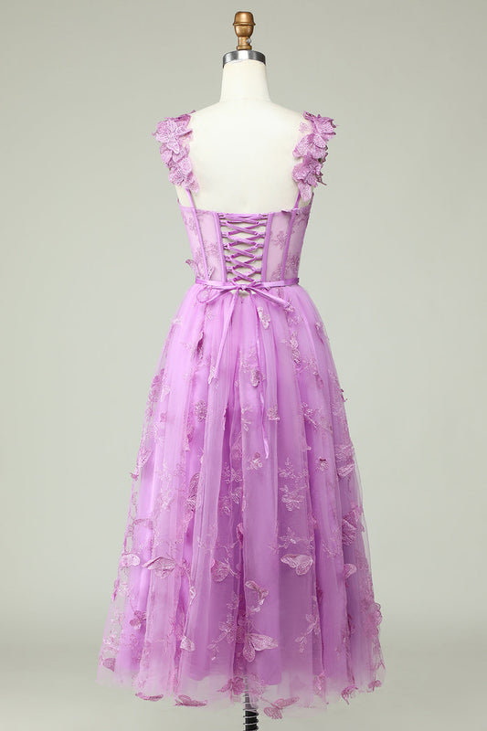 Robe de bal violette trapèze avec appliques papillons