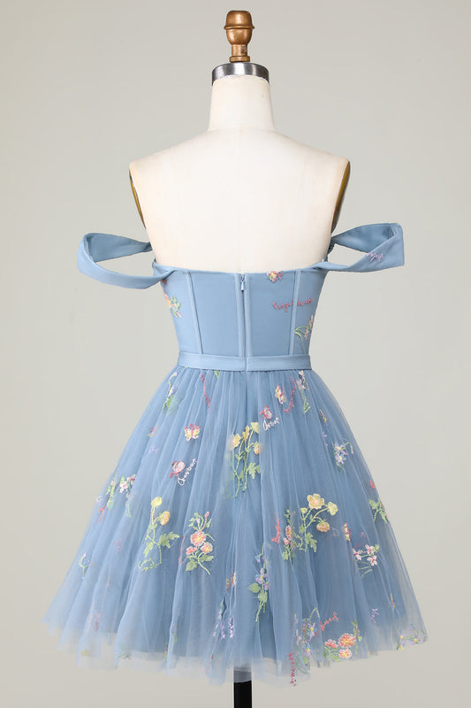 Robe Courte de Cérémonie de Remise de Diplôme Ligne A Cœur Gris Bleu Mignon avec Broderie