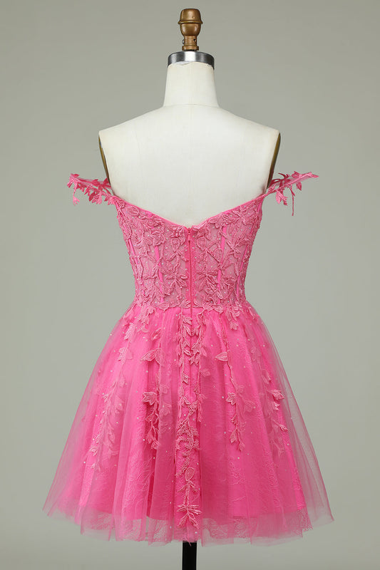 Jolie Robe Courte de Remise de Diplôme Rose avec Bretelles Fines et Applications, Coupe Trapèze