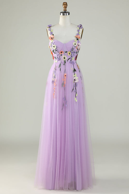 Robe De Bal Bretelles Spaghetti Coupe A-Line Ornée De Fleurs 3D Violette