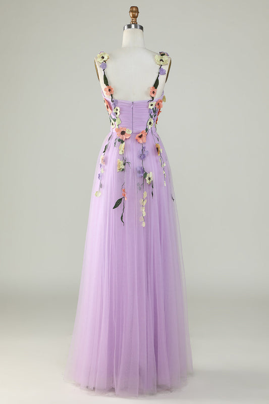 Robe De Bal Bretelles Spaghetti Coupe A-Line Ornée De Fleurs 3D Violette