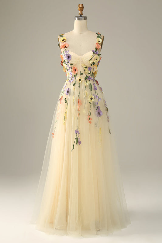 Robe de bal en satin champagne à fines bretelles avec fleurs 3D