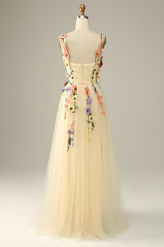 Robe de bal en satin champagne à fines bretelles avec fleurs 3D