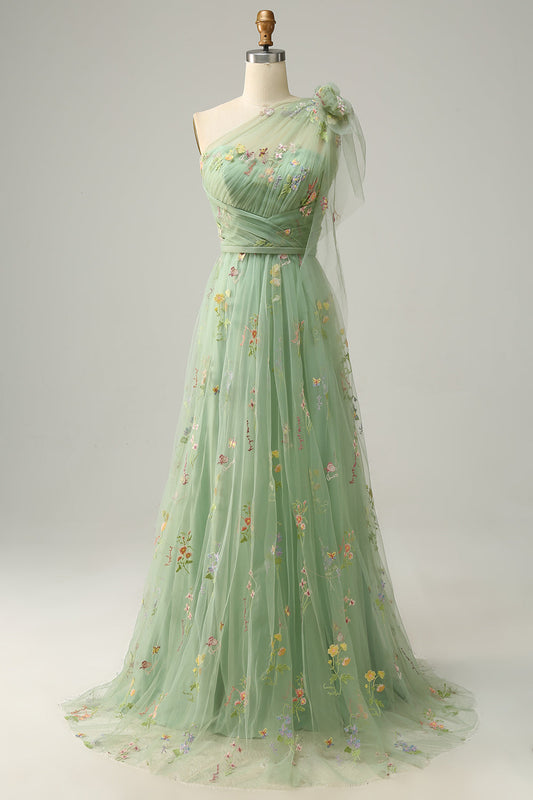 A-Line One-Shoulder Green Long Prom Dress with Embroidery