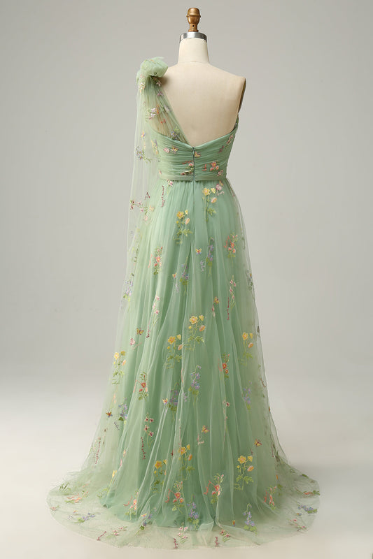 A-Line One-Shoulder Green Long Prom Dress with Embroidery