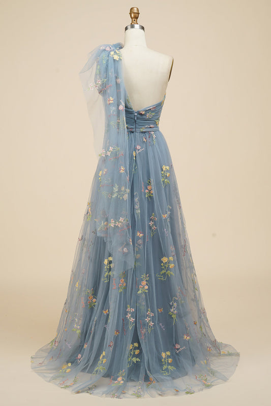 Robe de bal longue bleu gris évasée avec broderie