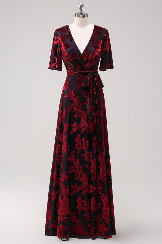 Burgundy A-Line Burnout Velvet Long Prom Dress