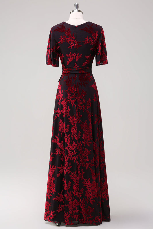 Burgundy A-Line Burnout Velvet Long Prom Dress