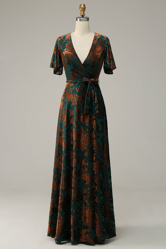 Robe de Mère de la Mariée Vert Foncé en Velours Brûlé