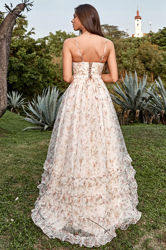 Robe de bal ligne A à fines bretelles avec imprimé abricot et fente