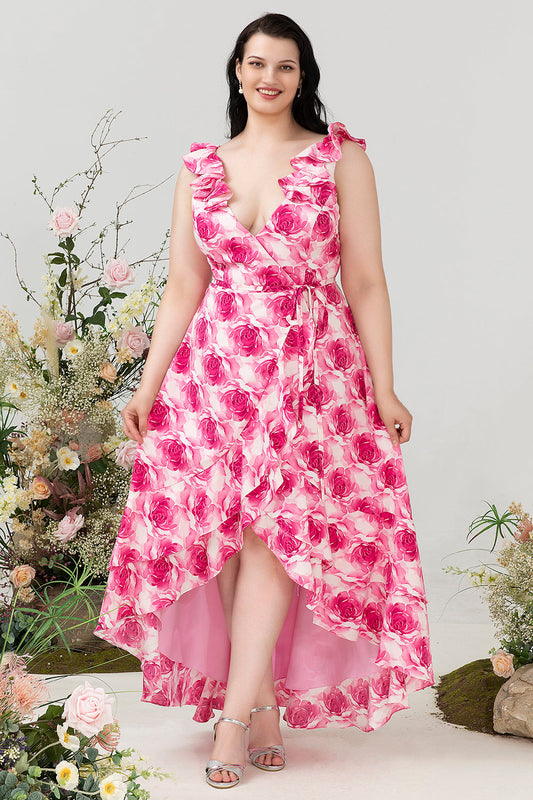 Plus Size High-Low Pink Floral Print Bridesmaid Dress with Ruffles