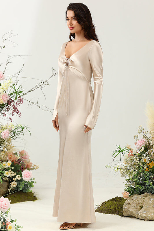 Robe longue de demoiselle d'honneur champagne col en V avec manches