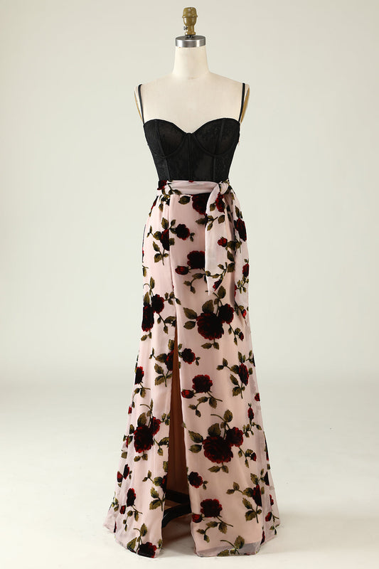 Floral Spaghetti Strap Prom Dress with Slit