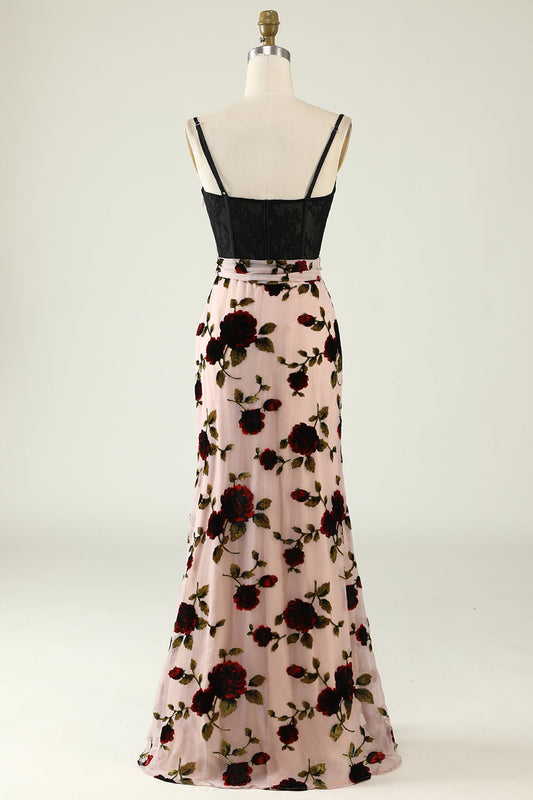 Floral Spaghetti Strap Prom Dress with Slit
