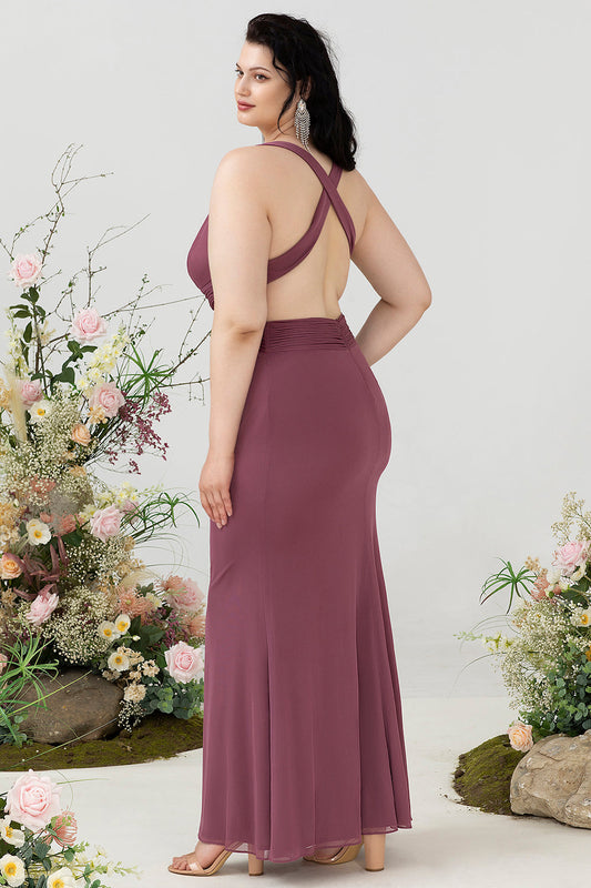 Sheath Deep V-Neck Desert Rose Plus Size Wedding Guest Dress with Criss-Cross Back